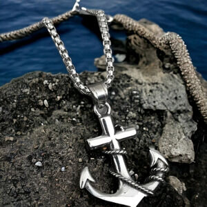 Sailors anchor nautical silver color pendant and necklace Sam Smith 26"